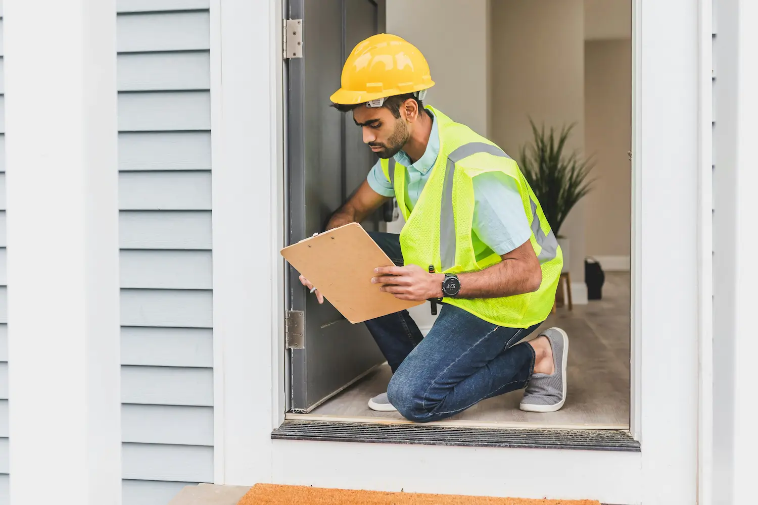 Home inspector performing residential field inspection with clipboard