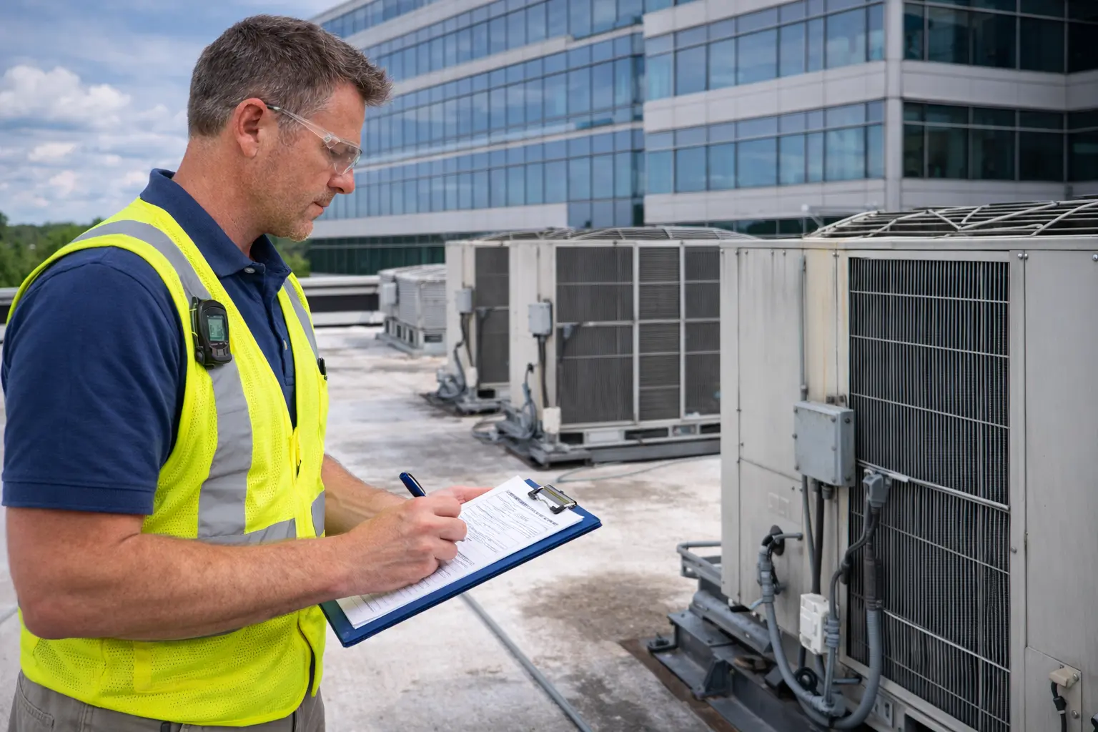 Home inspector conducting a commercial building inspection while reviewing exterior systems and documenting conditions