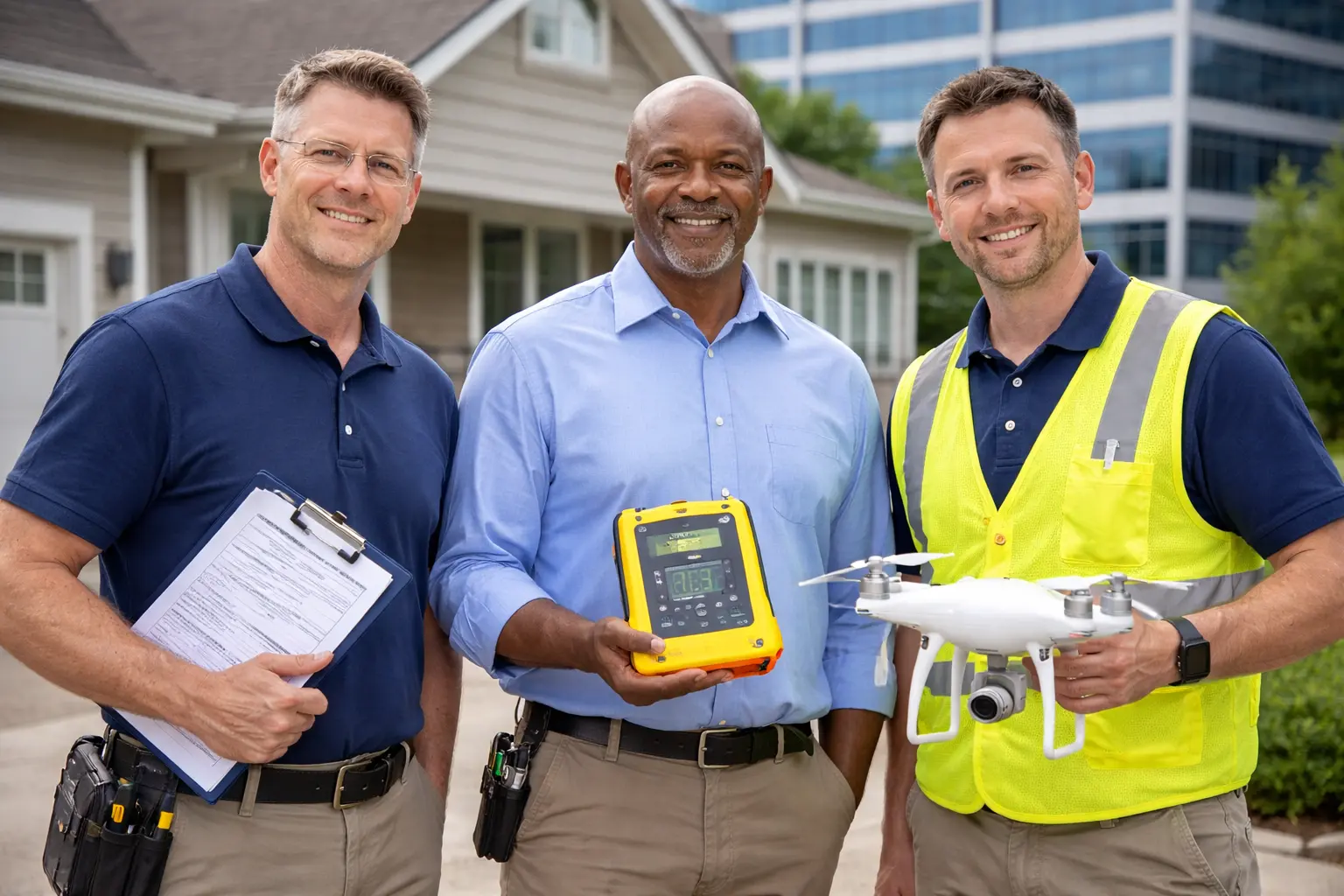 Home inspectors with inspection tools including radon detector, drone, and inspection report representing certification training programs