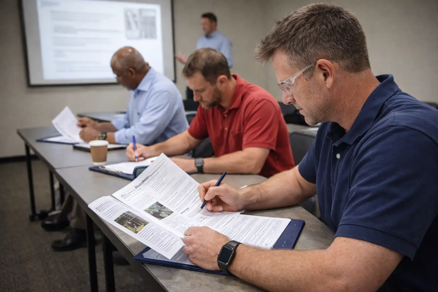 Home inspectors attending a professional continuing education training course reviewing inspection reports