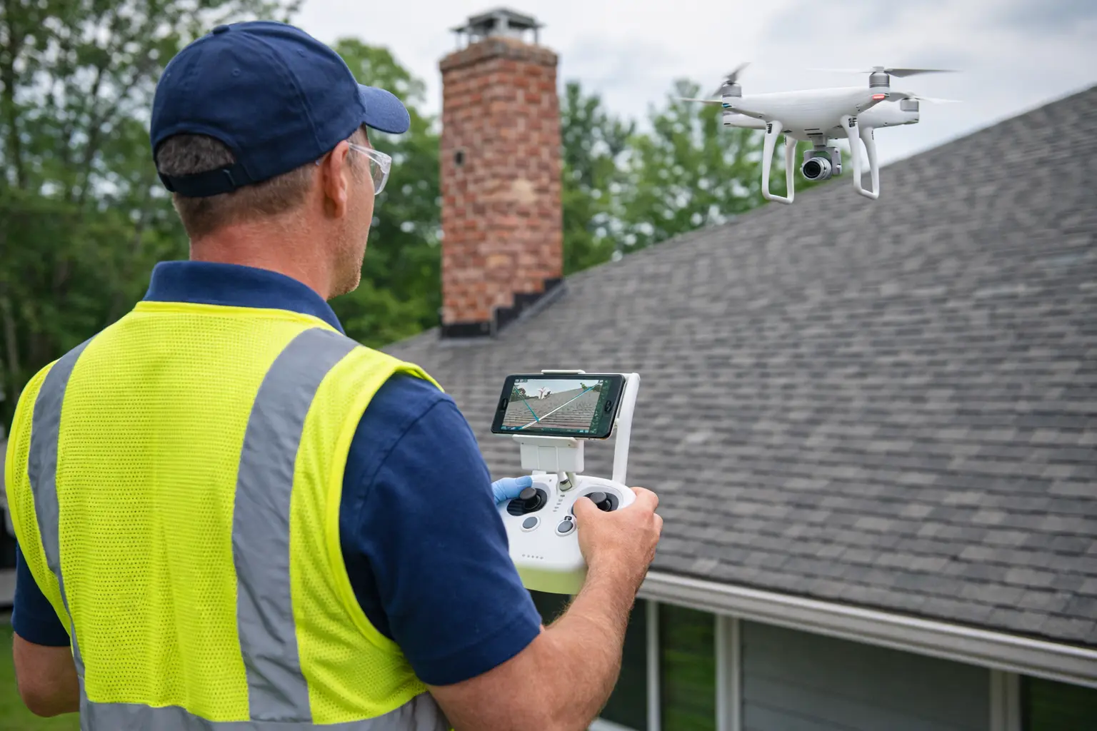 Home inspector operating a drone to inspect a residential roof during a property inspection