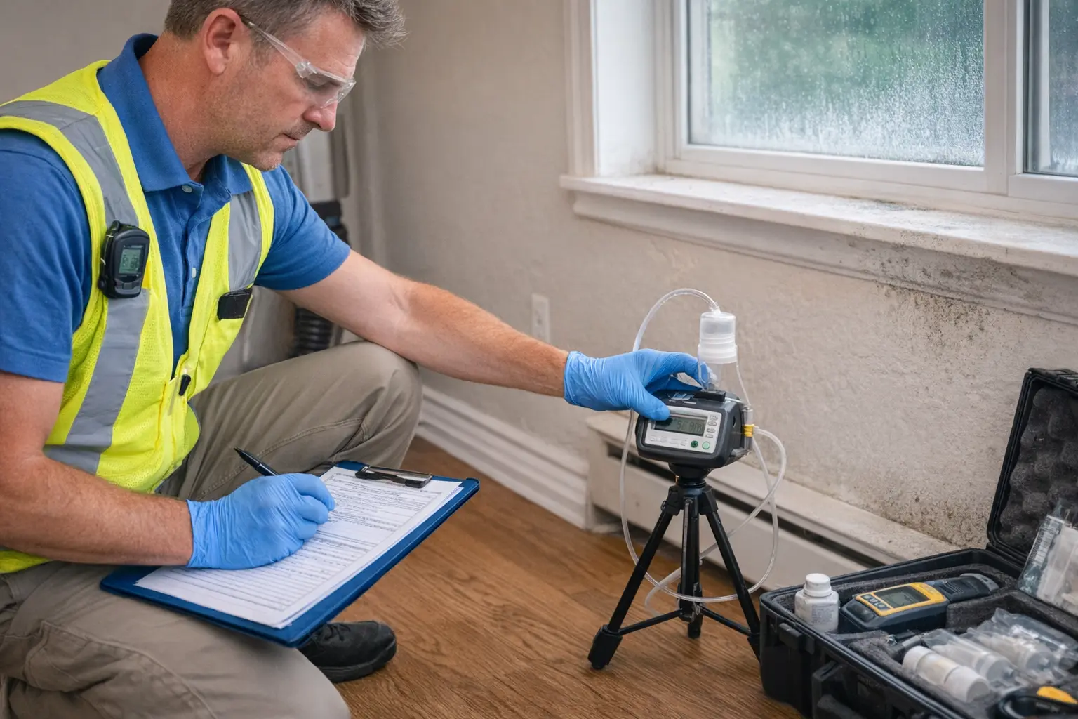 Home inspector performing an indoor air quality and mold assessment using an air sampling pump during a residential inspection in New Jersey