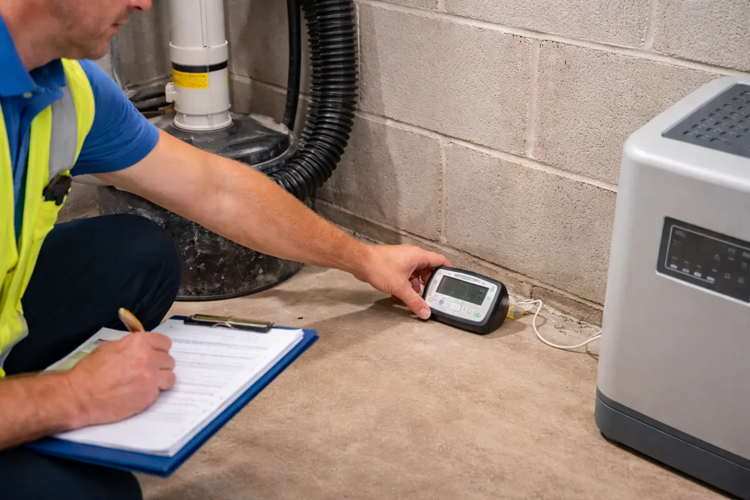 Home inspector placing a digital radon testing device in a basement during a residential home inspection