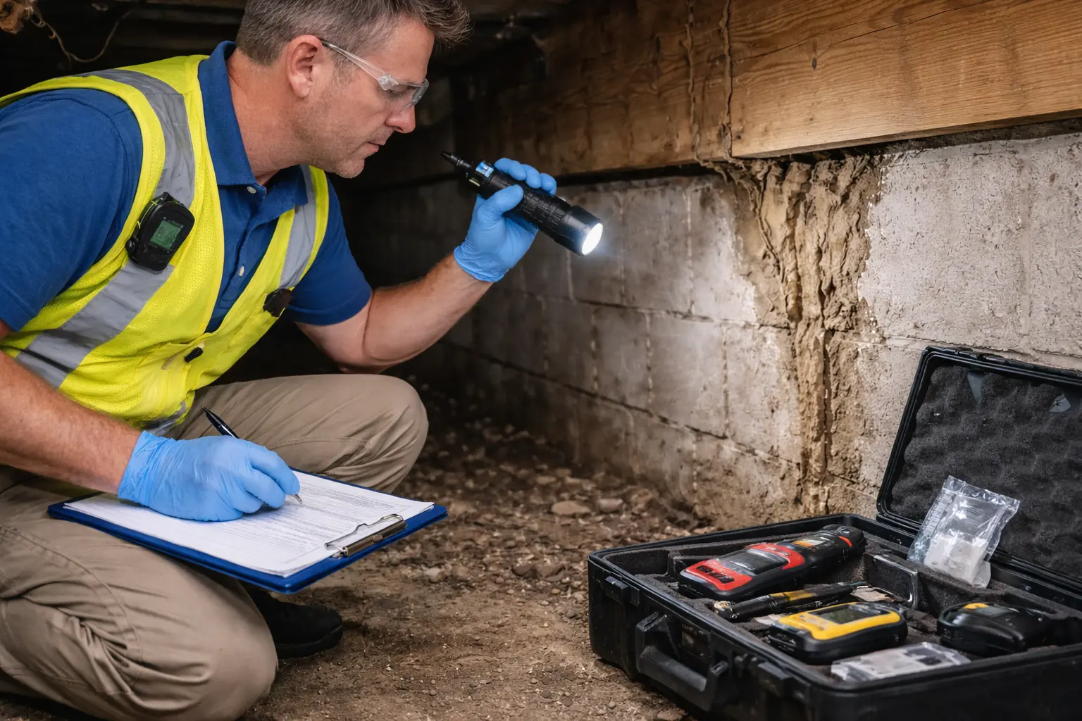 Home inspector performing a termite WDI WDO inspection in a crawlspace while examining mud tubes and wood damage